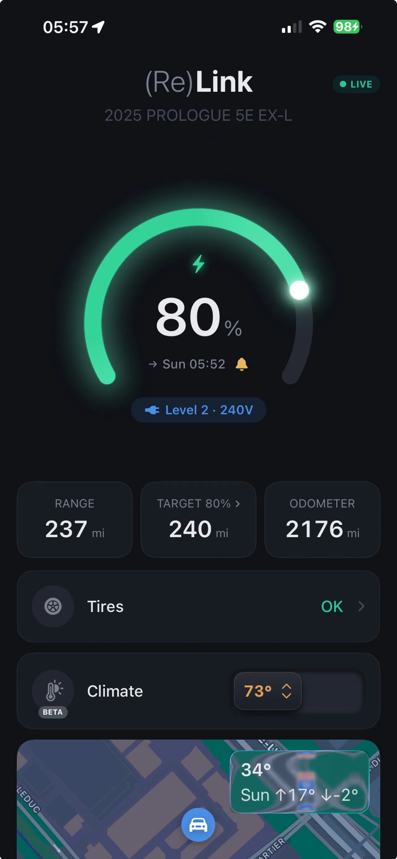 ReLink dashboard showing battery at 65%, charging status, range, tire pressure, and climate control